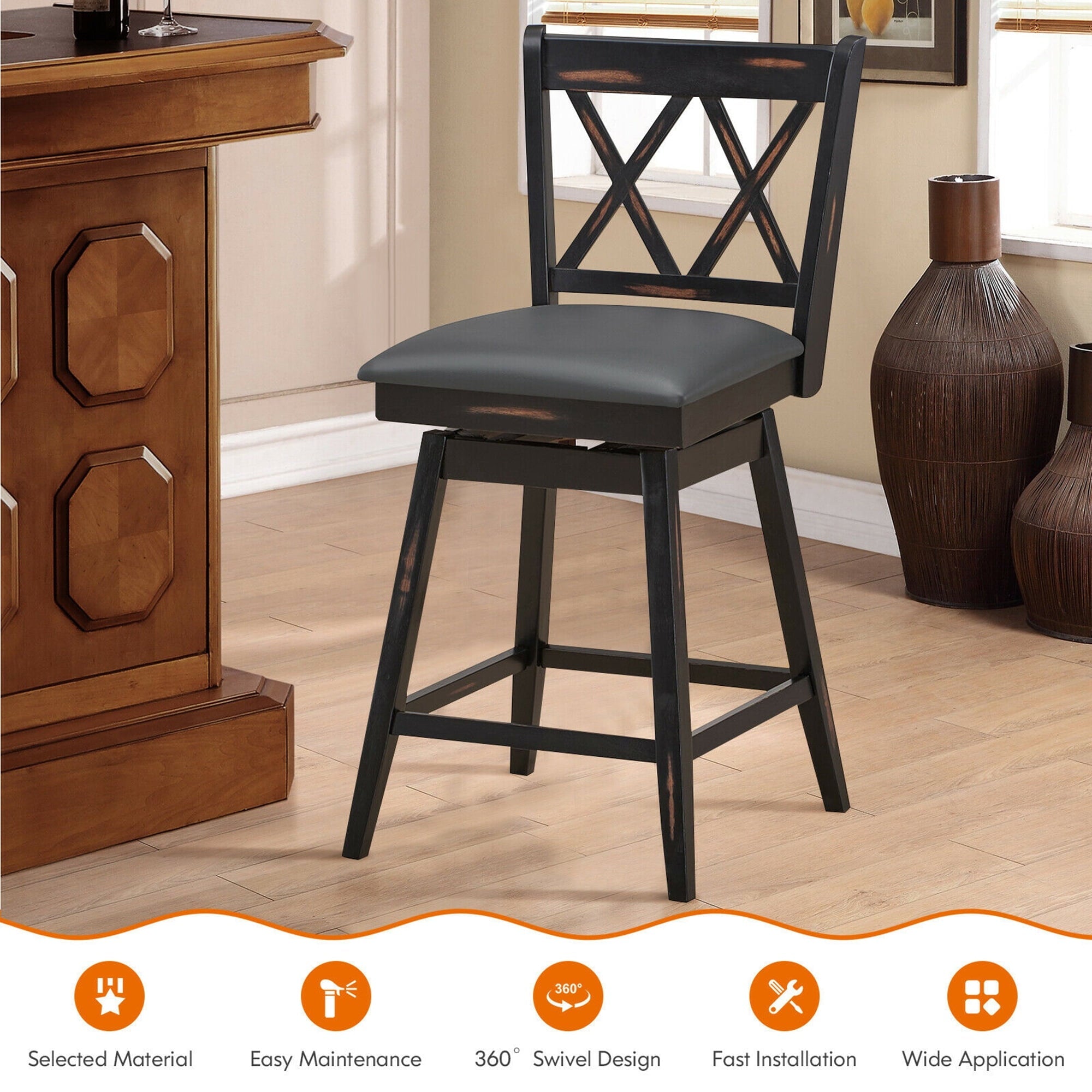 Gymax Set of 4 Barstools Swivel Counter Height Chairs w/Rubber Wood Legs Black