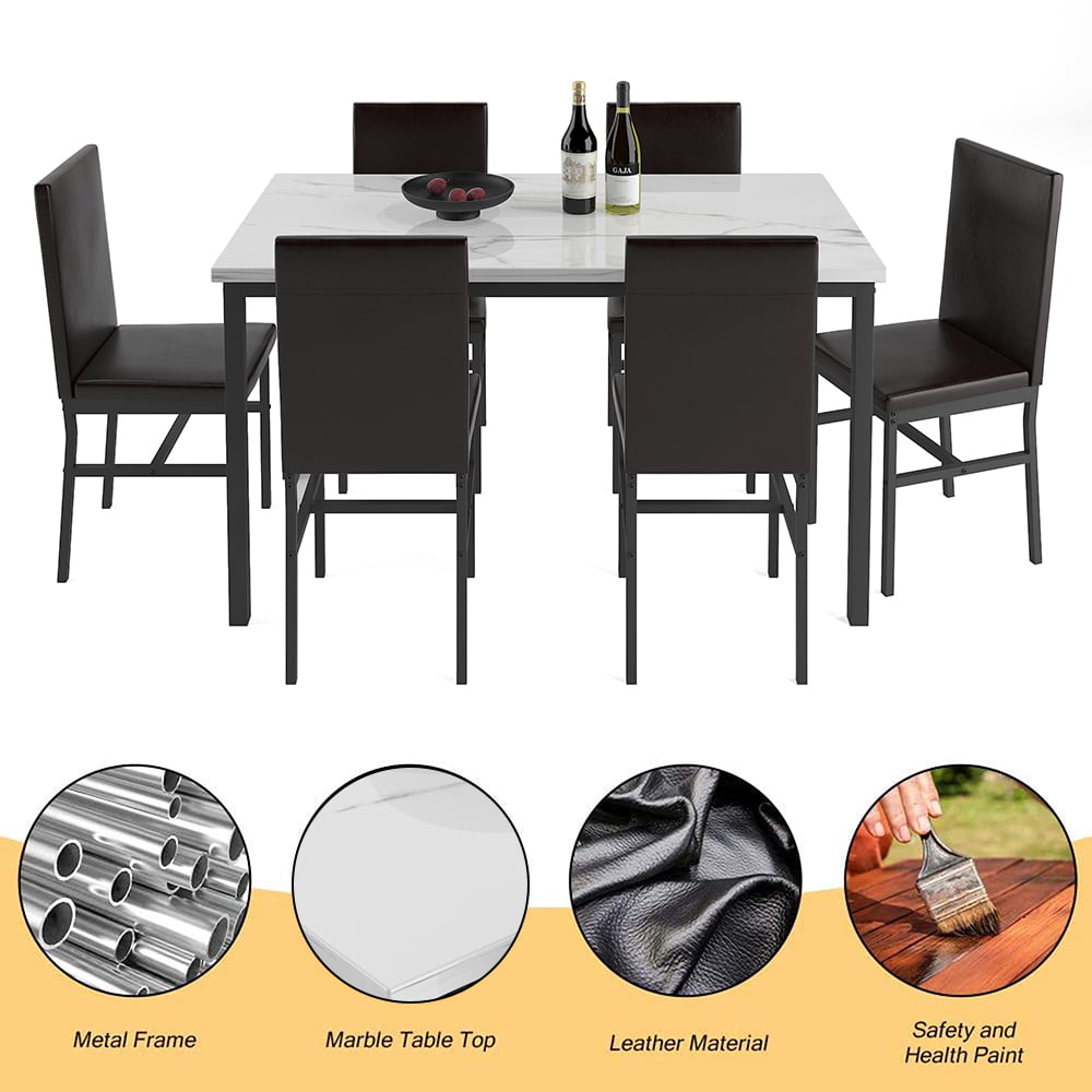 7 Piece Kitchen Dining Table & Chair Set, Dining Room Table Set with Faux Marble Tabletop PU Leather Padded Chairs, Rectangle Dining Table Set for 6, Dinette Set for Kitchen Dining Room Small Space