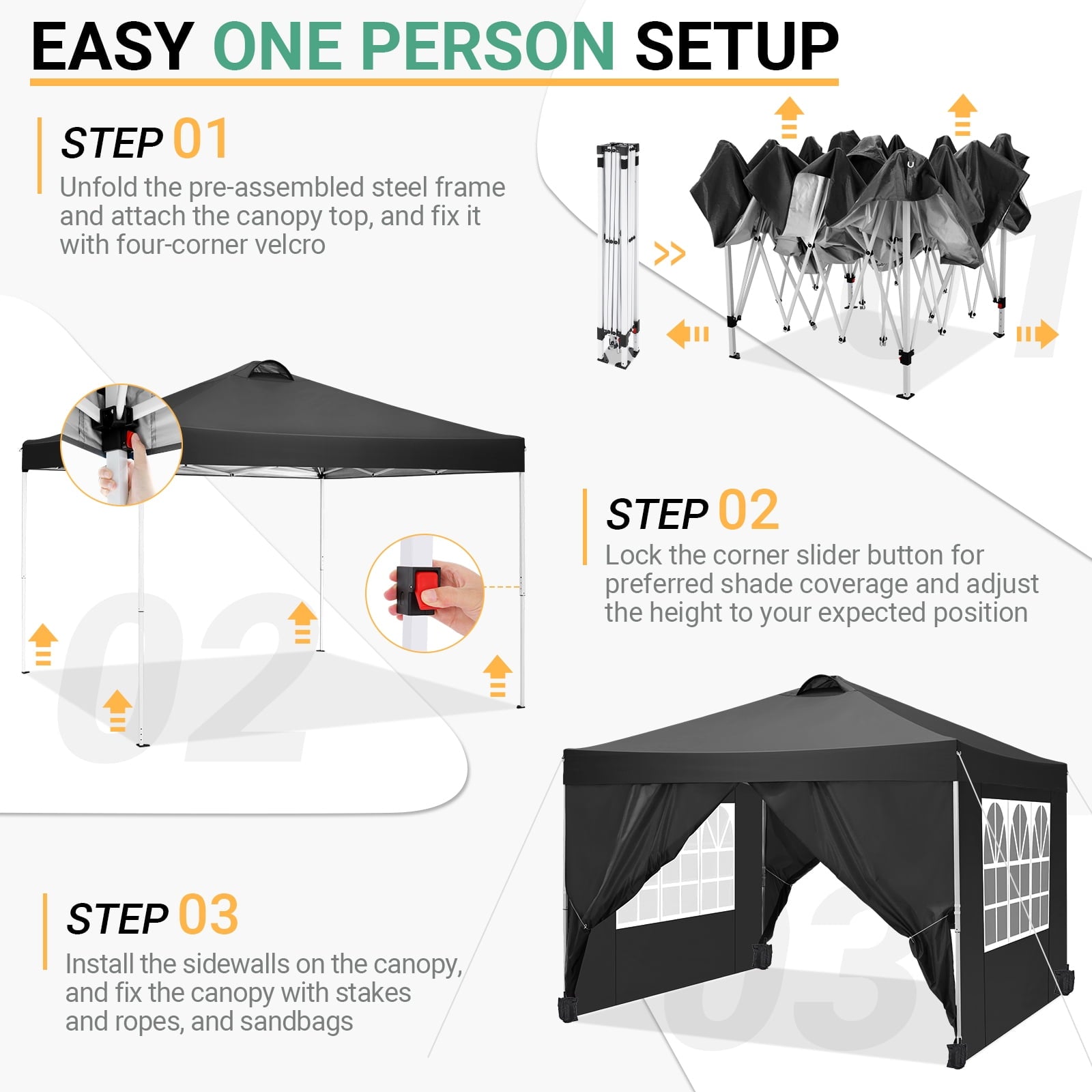 10'x10' EZ Pop Up Canopy with Top Vent, Large Commercial Tent, Waterproof and Sunproof with 4 Removable Sidewalls, Suitable for Weddings come with 4 Sandbags (Black)
