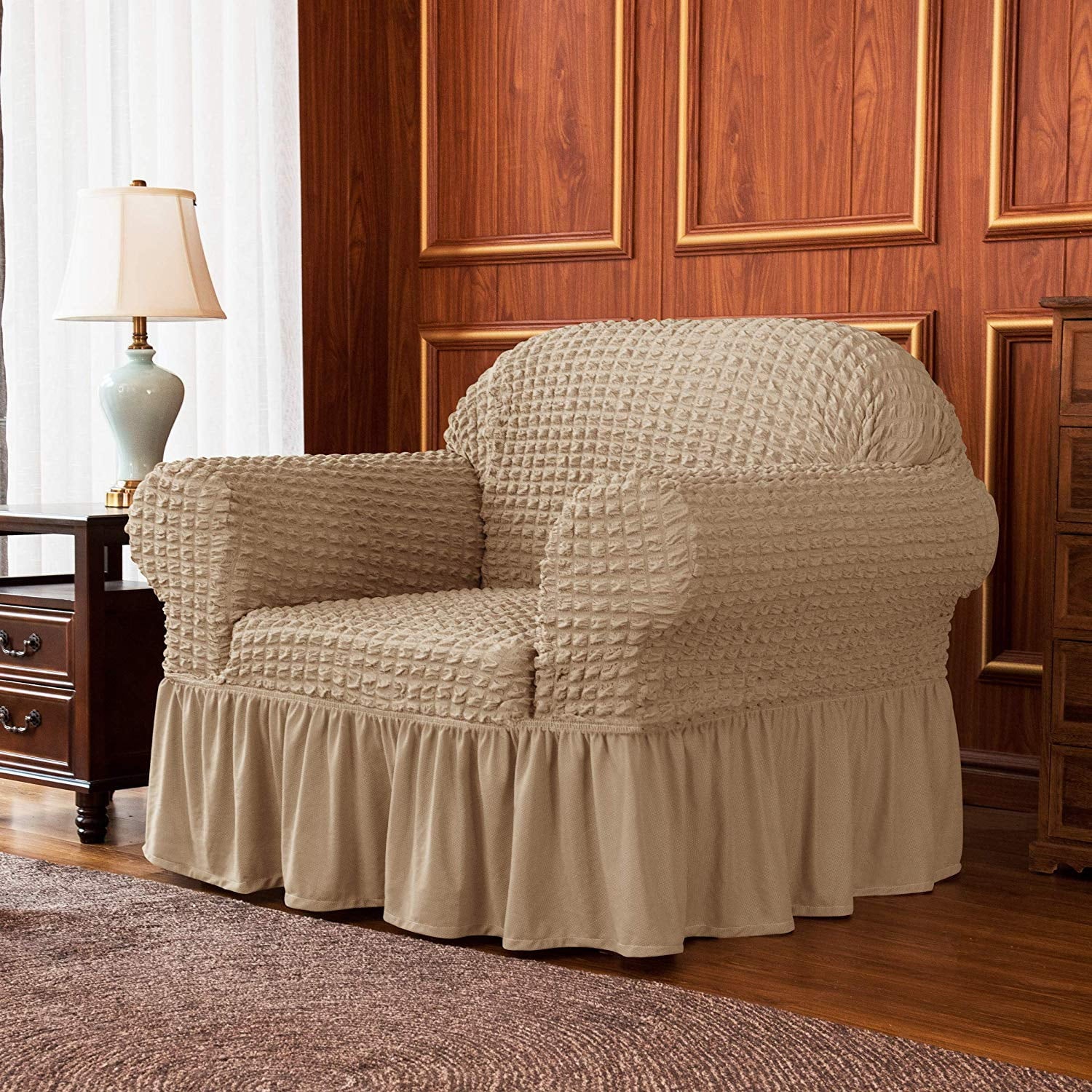 Subrtex Stretch 1-Piece Pleated Ruffled Skirt Armchair Slipcover, Oatmeal