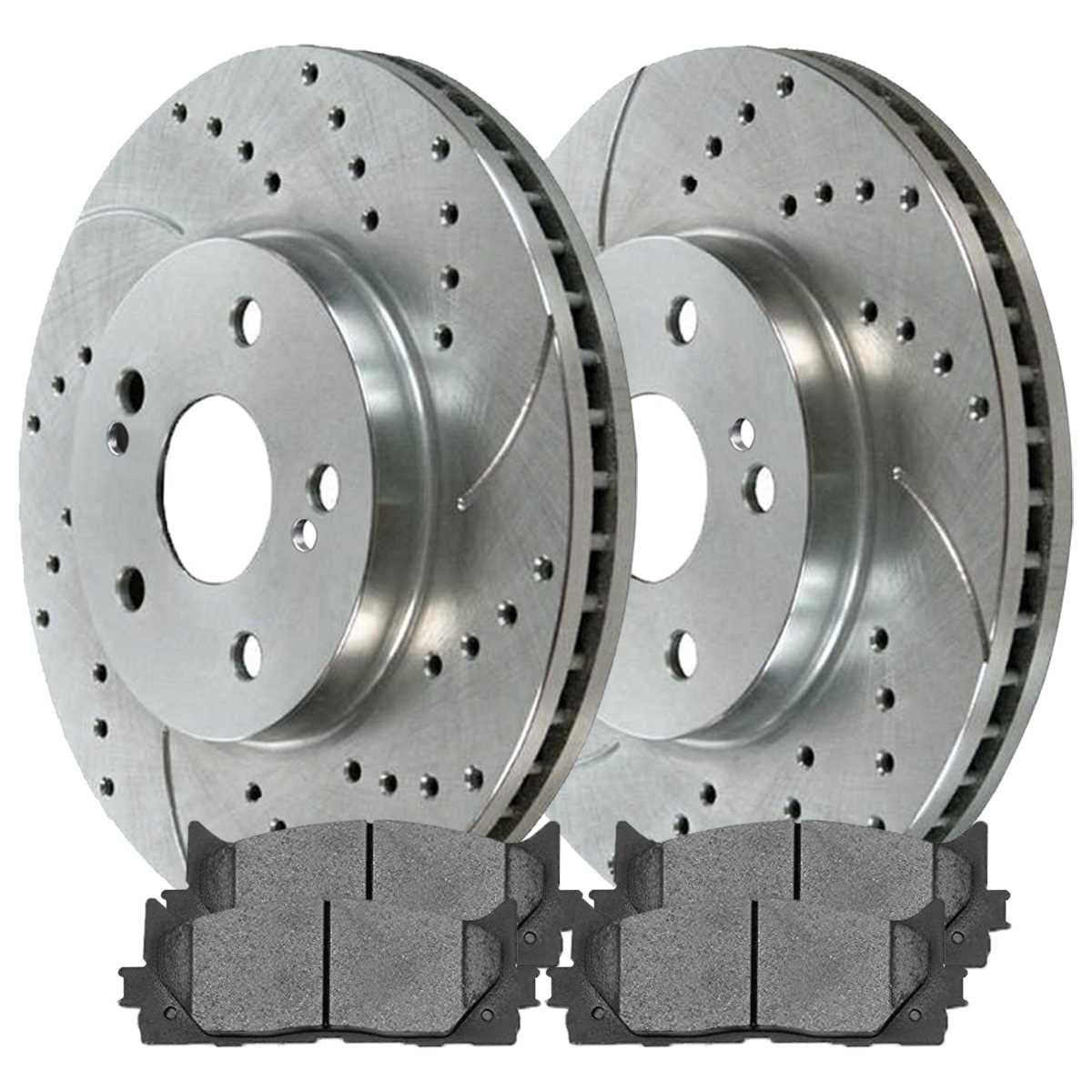 AutoShack Front and Rear Drilled Slotted Brake Rotors Silver and Ceramic Pads Kit Replacement for 2007-2011 Toyota Camry 2008-2011 Avalon 2007 2008 2009 2010 Lexus ES350 2.4L 2.5L 3.5L V6 FWD