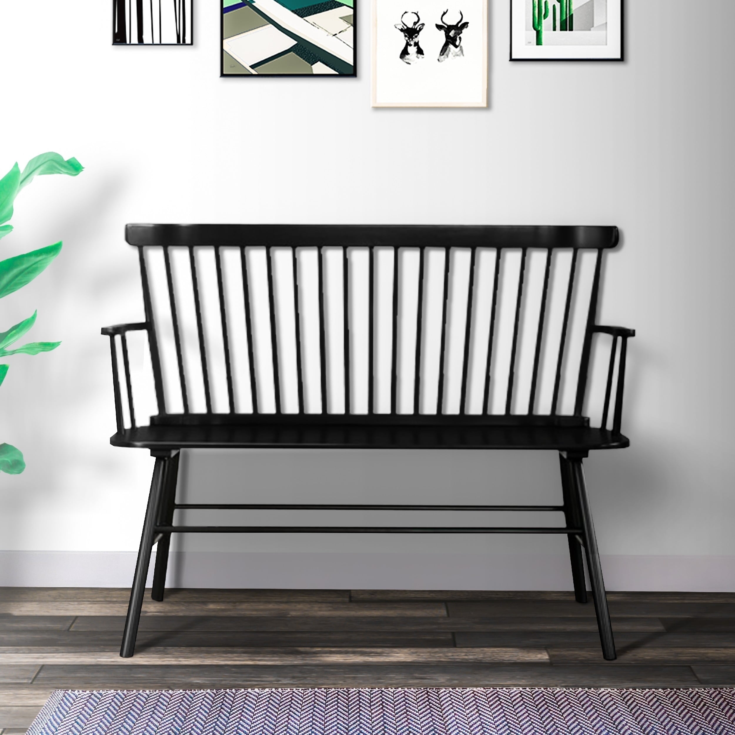 Transitional Style Curved Design Spindle Back Bench with Splayed Legs,Black- Saltoro Sherpi