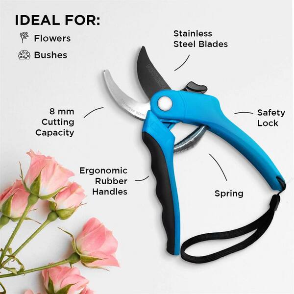 Blue 8 in. Professional Heavy-Duty Bypass Pruning Shears Hand Pruner for Gardening