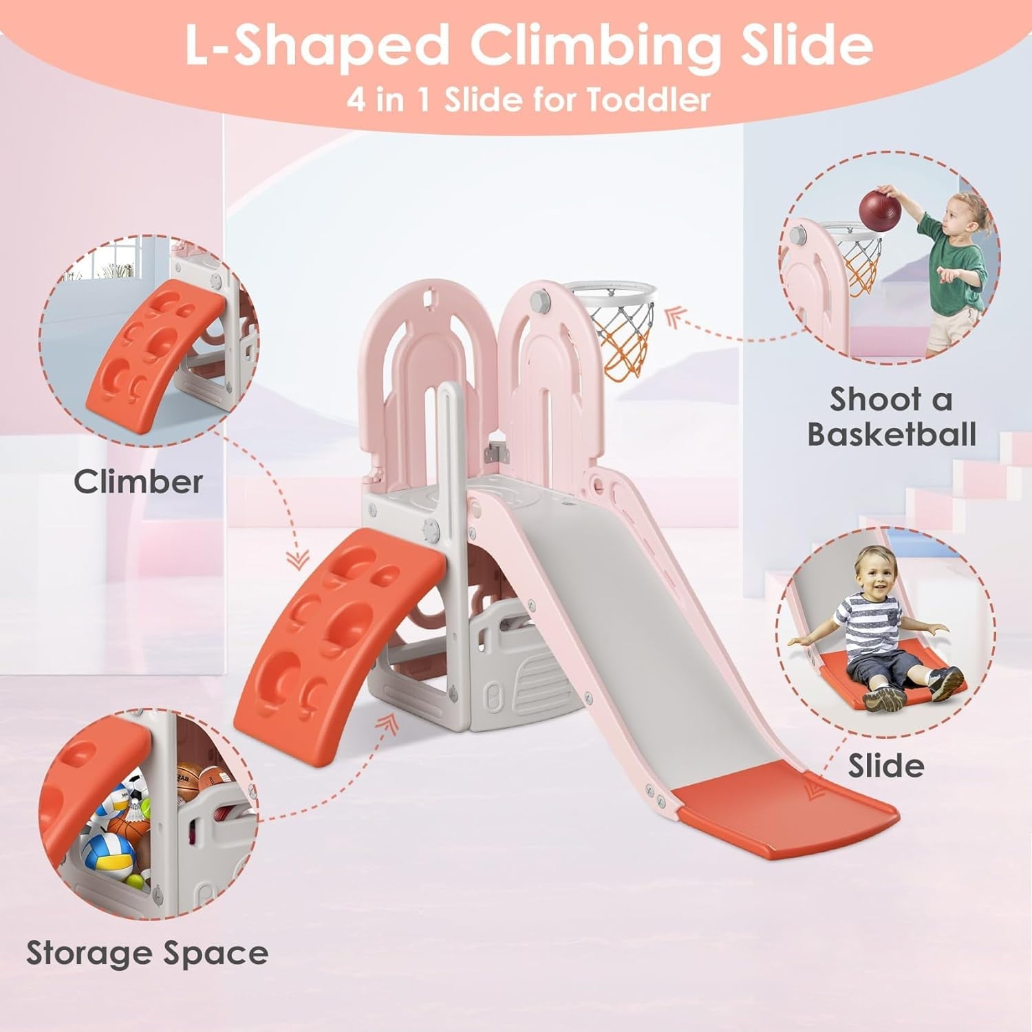 Suteck 5 in 1 Toddler Slide, Swing and Slide for Toddlers Age 1-3 with Basketball Hoop and Basketball, Slide for Kids5 in 1 Toddler Slide, Swing and Slide for Toddlers