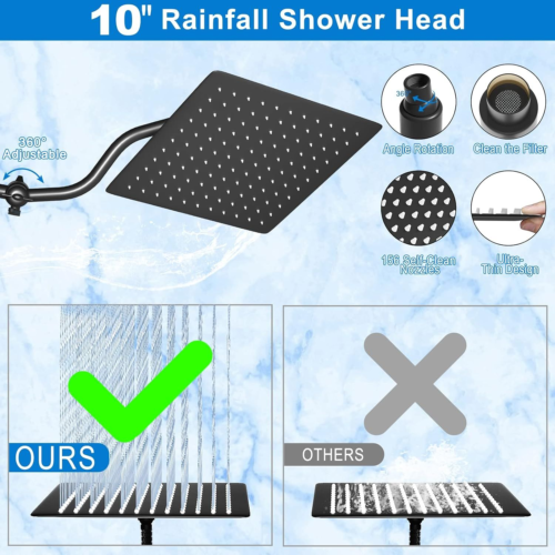 10" High Pressure Rainfall Shower Head with Handheld Combo, 12" Large, Black