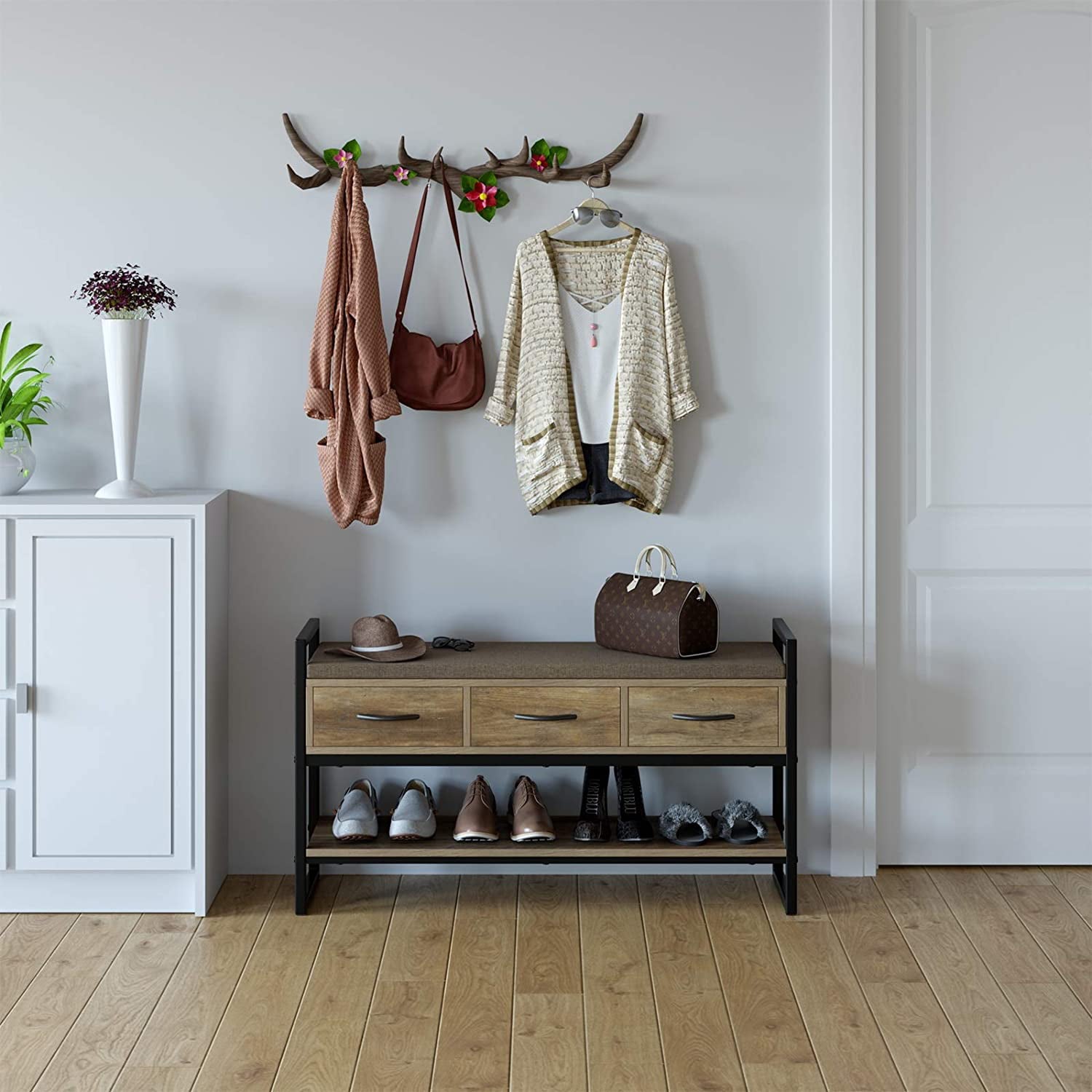 Homfa Entryway Shoe Bench, 2-tier Wood Entryway Shoes Rack with Padded Seat, 5-7 Pair of Shoes, Rustic Brown