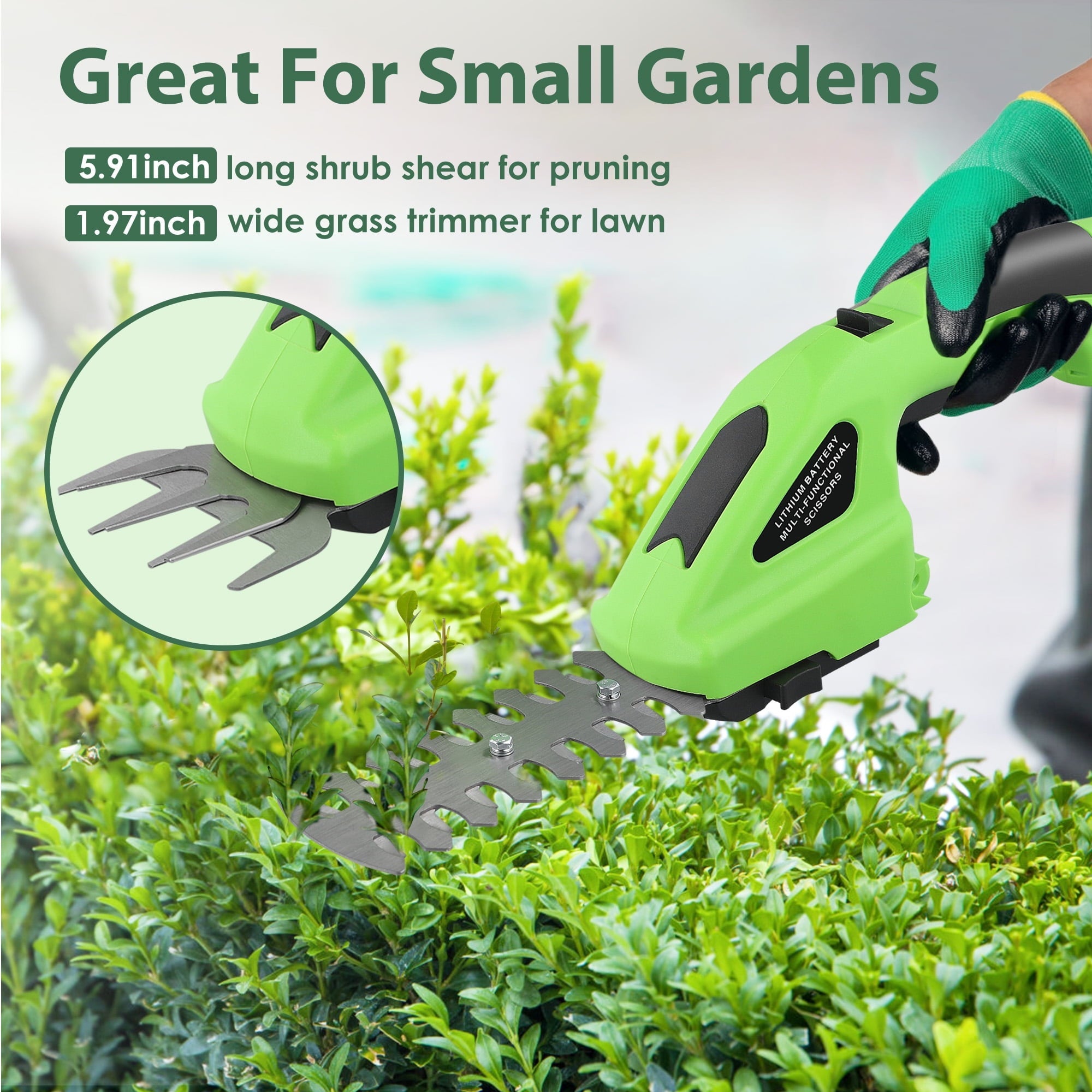 RELOIVE Cordless Grass Shear & Shrubbery Trimmer,2 in 1 Handheld Hedge Trimmer,7.2V Electric Grass Trimmer Hedge Shears/Grass Cutter with 2000mAh  Rechargeable Lithium-Ion Battery and USB Charger