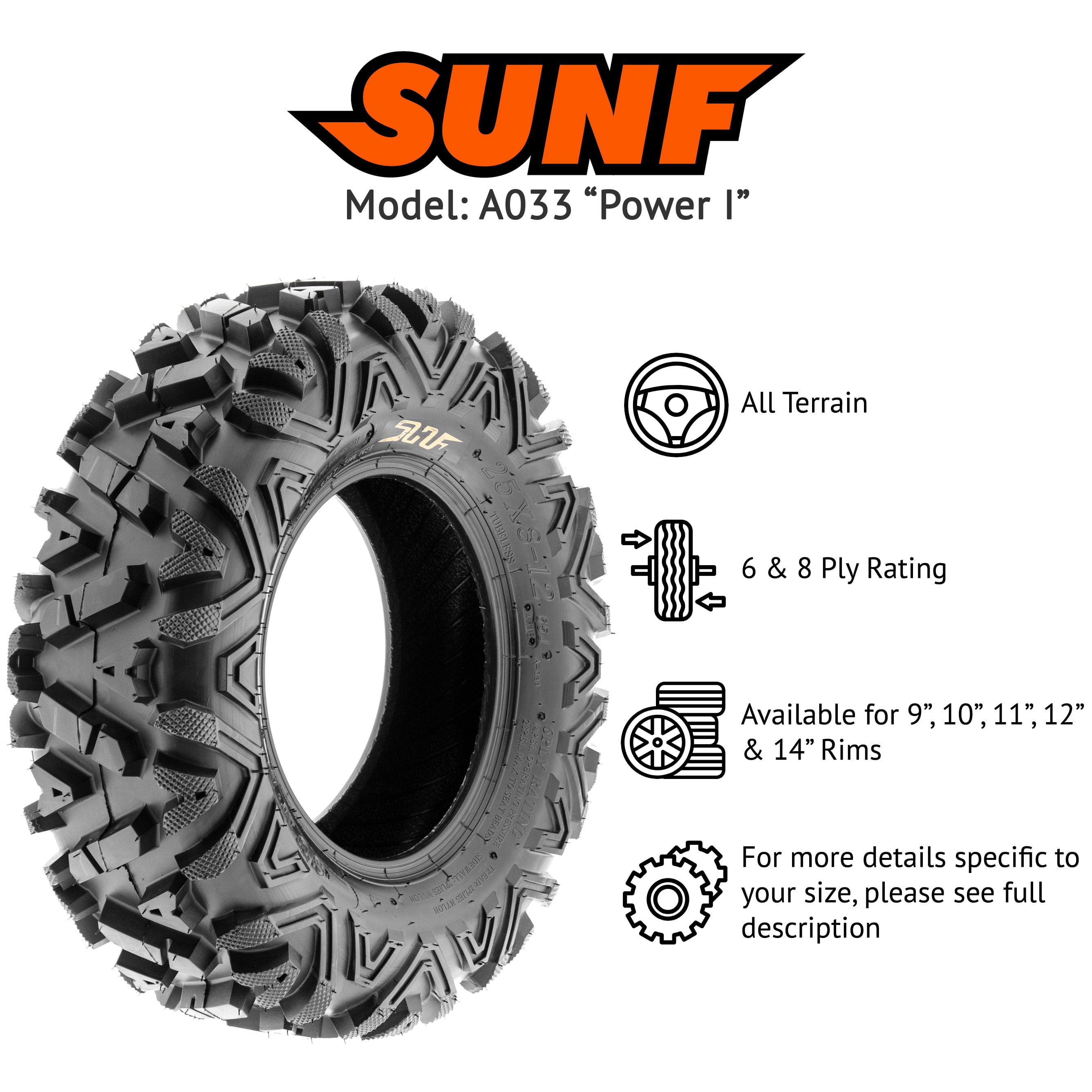 SunF All Terrain ATV UTV Tires 24x8-12 & 25x11-10 6 PR A033 (Complete Full Set of 4)