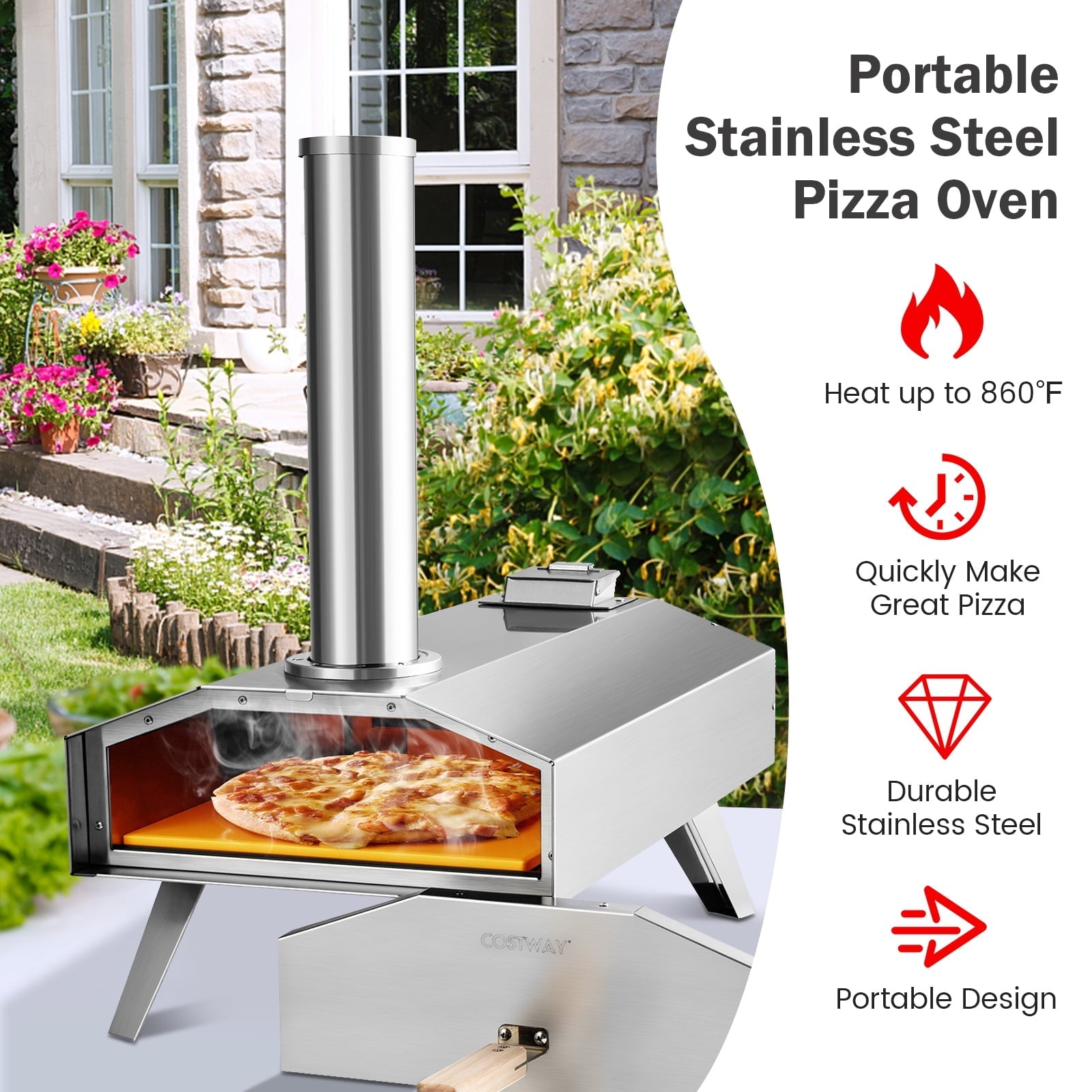 Topbuy Outdoor Pizza Oven, Portable Stainless Steel Wood Pellet Pizza Stove with 12” Pizza Stone