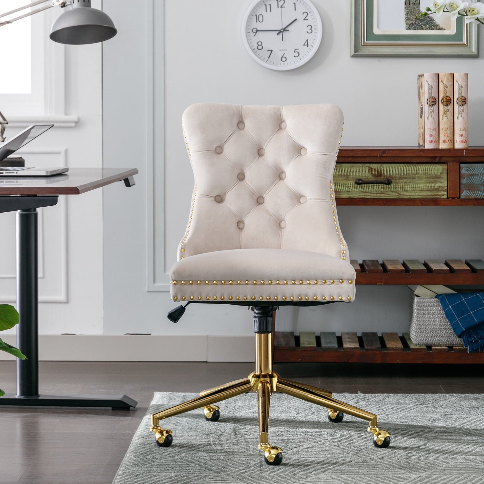 BTMWAY Office Chair, Velvet Upholstered Tufted Button Home Office Chair with Golden Metal Base, Adjustable Height, Swivel Ergonomic Task Chair, Luxury Desk Chair Computer Chair, Beige