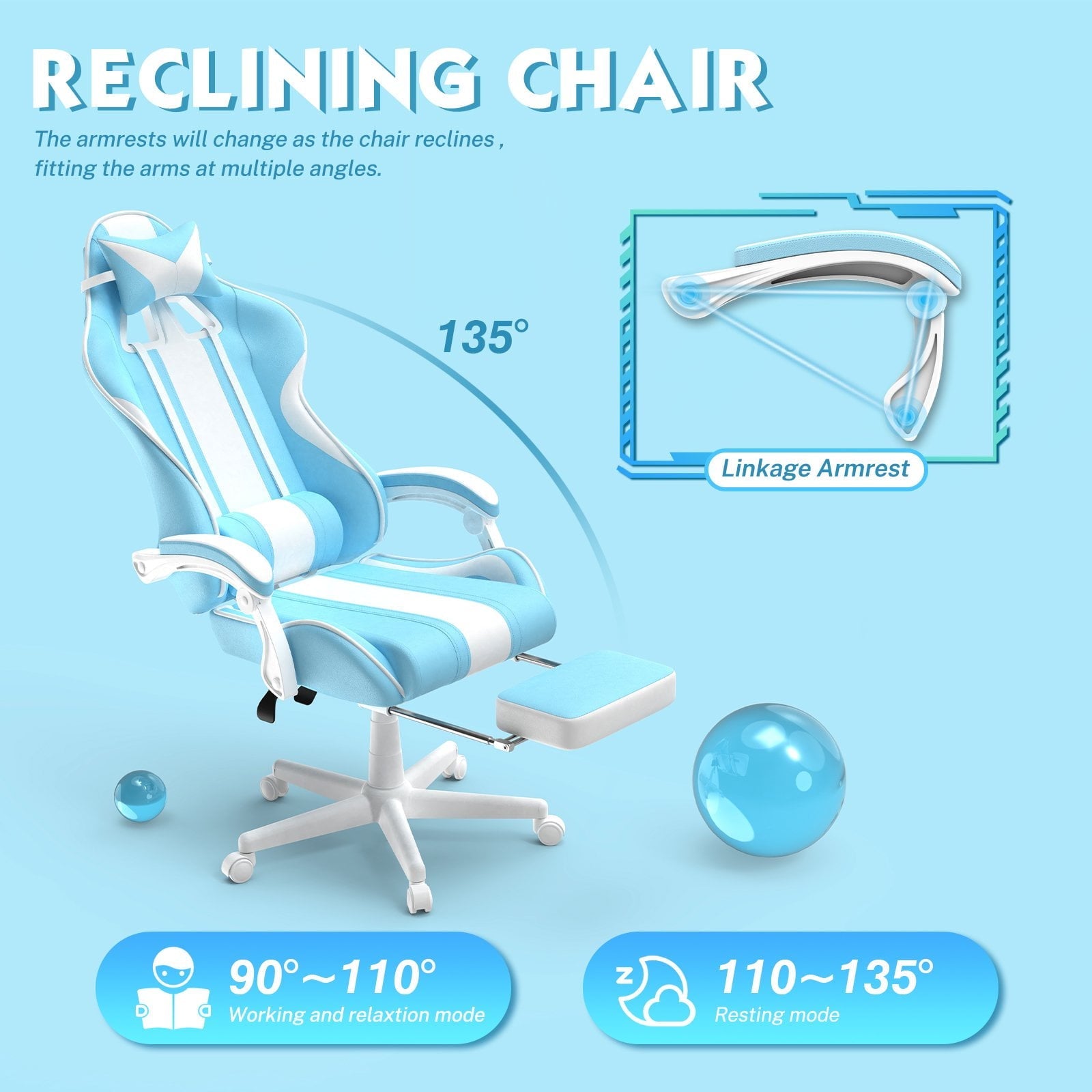 Ferghana Gaming Chair Office Chair, Computer Chair with Footrest & Adjustable Massage Lumbar Pillow, Ergonomic High Back Leather Game Desk Chair, Sky Blue