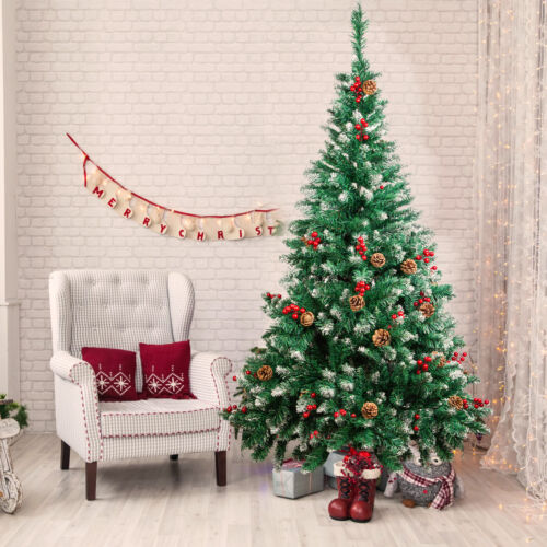 7FT Artificial Luxury Xmas Christmas Tree Snow Flocked+Pine Cone+Berry Decor
