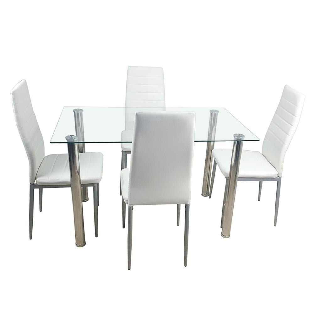 Ktaxon Dining Table set 5 Piece Dining Table Set Tempered Glass Top Dinette Sets with 4 PU Leather Chairs,Light White