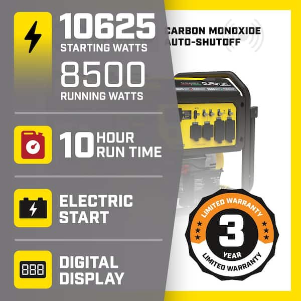 10,625/8500-Watt Electric Start Gas and Propane Dual Fuel Portable Generator with CO Shield