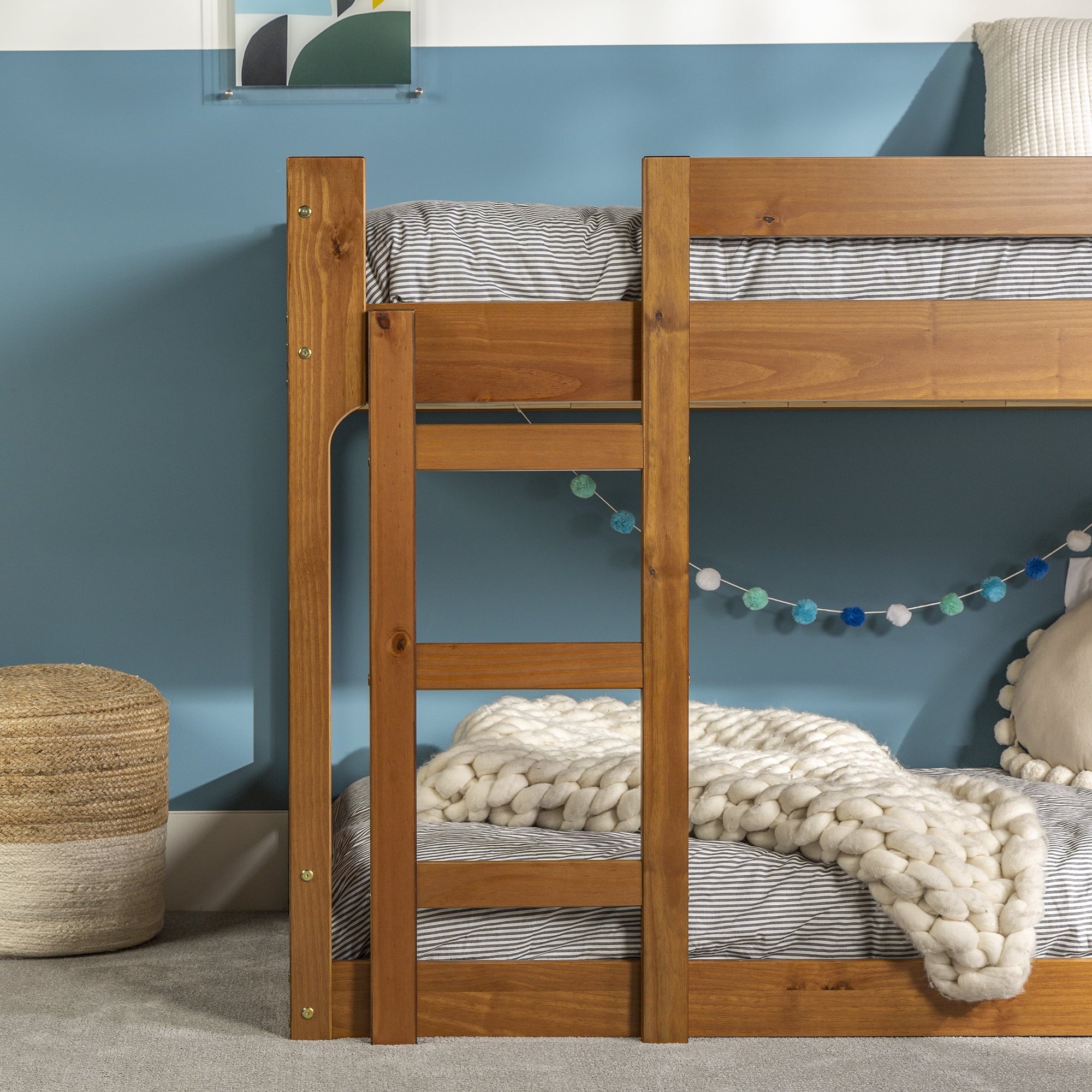 Walker Edison Modern Twin Over Twin Youth Bunk Bed, Caramel