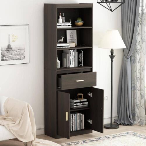 Accent Cabinet Storage with Drawer and 3 Tier Open Shelves Wood 2-Door Brown