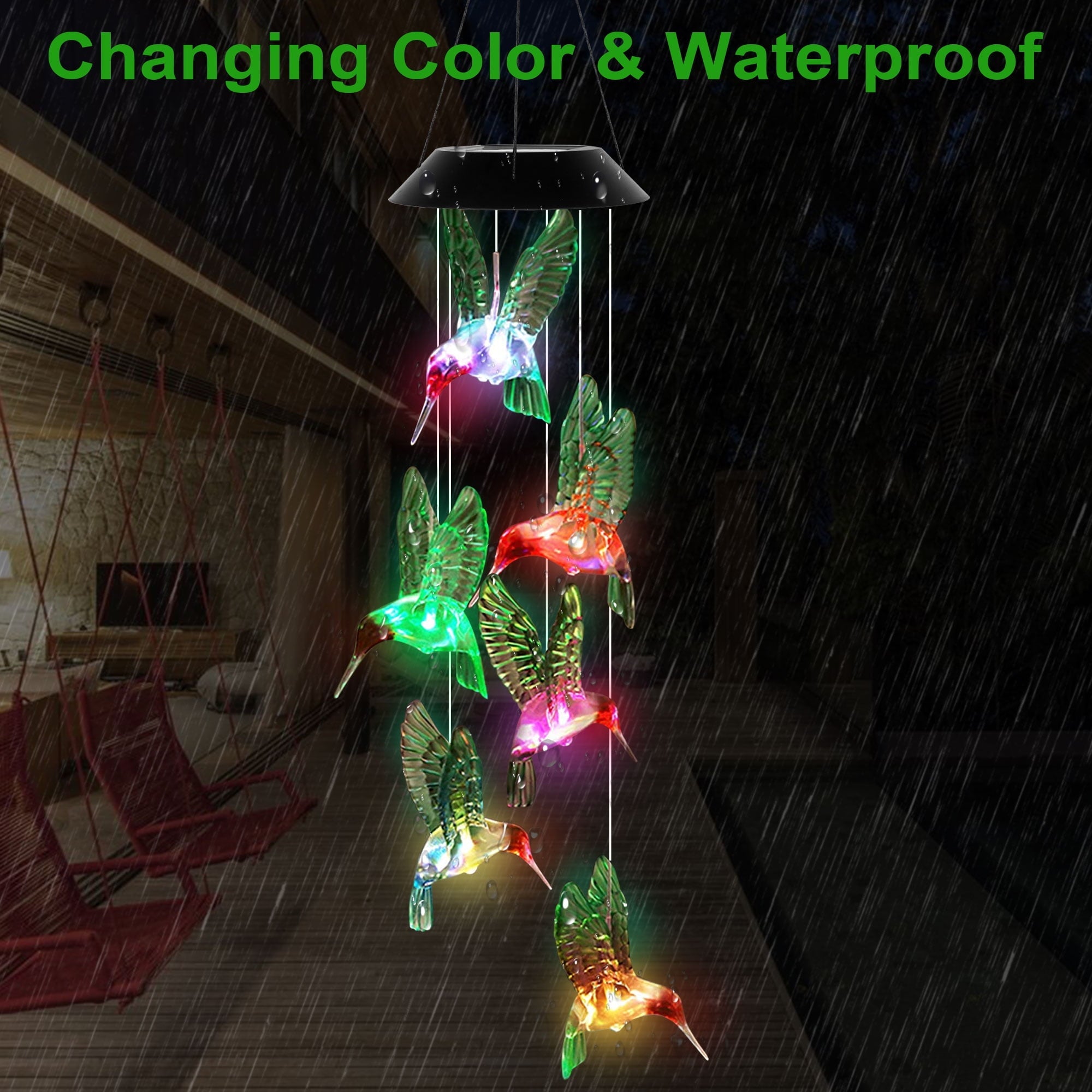 Solar Powered Windchime Light, TSV Hummingbird Wind Bell LED Changing Color Waterproof for Outdoor Yard Pathway Decor
