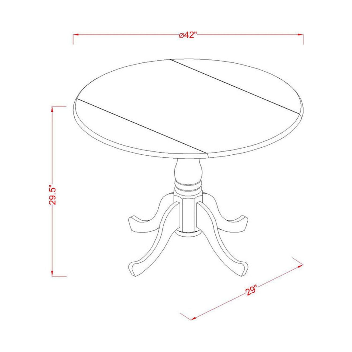 East West Furniture  DLAV3-LWH-W 3PC Round 42 inch Table with Two 9-Inch Drop Leaves and 2 vertical slatted Chairs