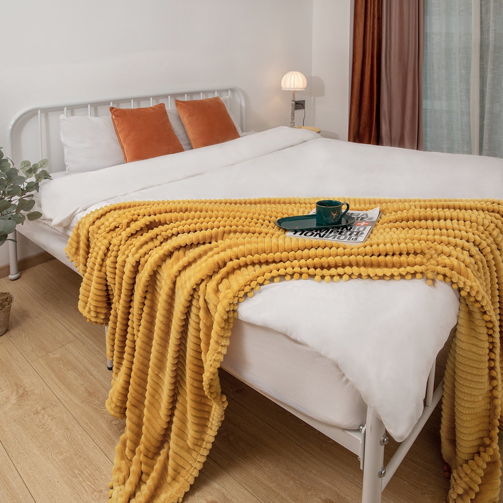 DISSA Flannel Fleece Blanket Soft Large Throw Blanket with Pompom Fringe Lightweight Cozy Plush Blanket Fit Sofa Bed(Mustard Yellow,51x63