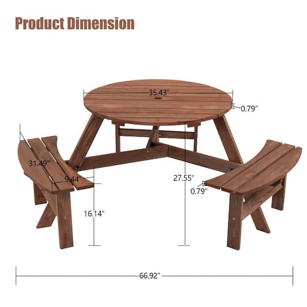 6-Person Circular Outdoor Wooden Picnic Table for Patio, Backyard, Garden, DIY w/3 Built-in Benches, 500 lbs. Capacity