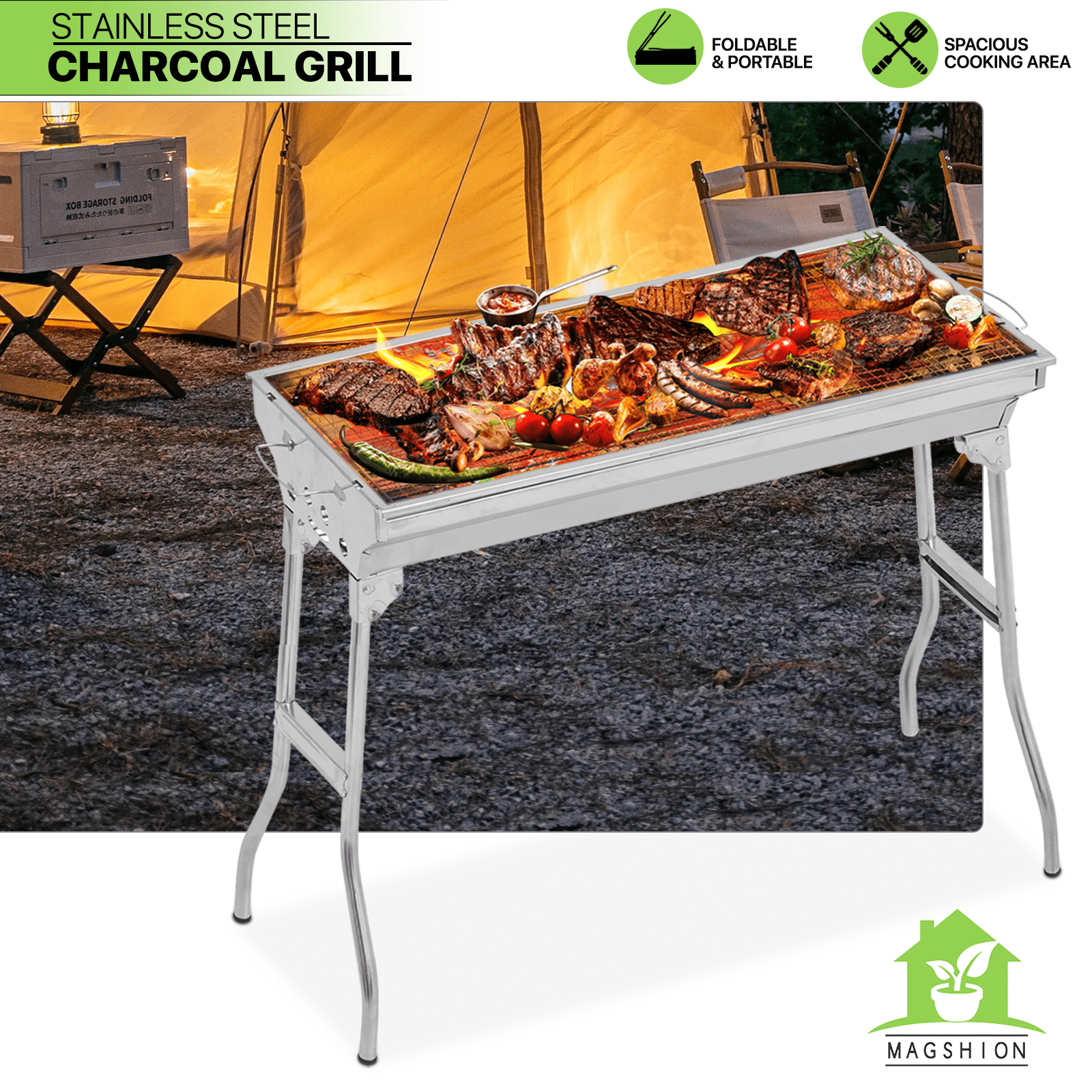 Magshion Foldable Charcoal Grills, Stainless Steel Folding Camping Grill Outdoor Barbecue Rack, BBQ Barbecue Furnace Grill Kit for Picnic Garden Travel, Silver