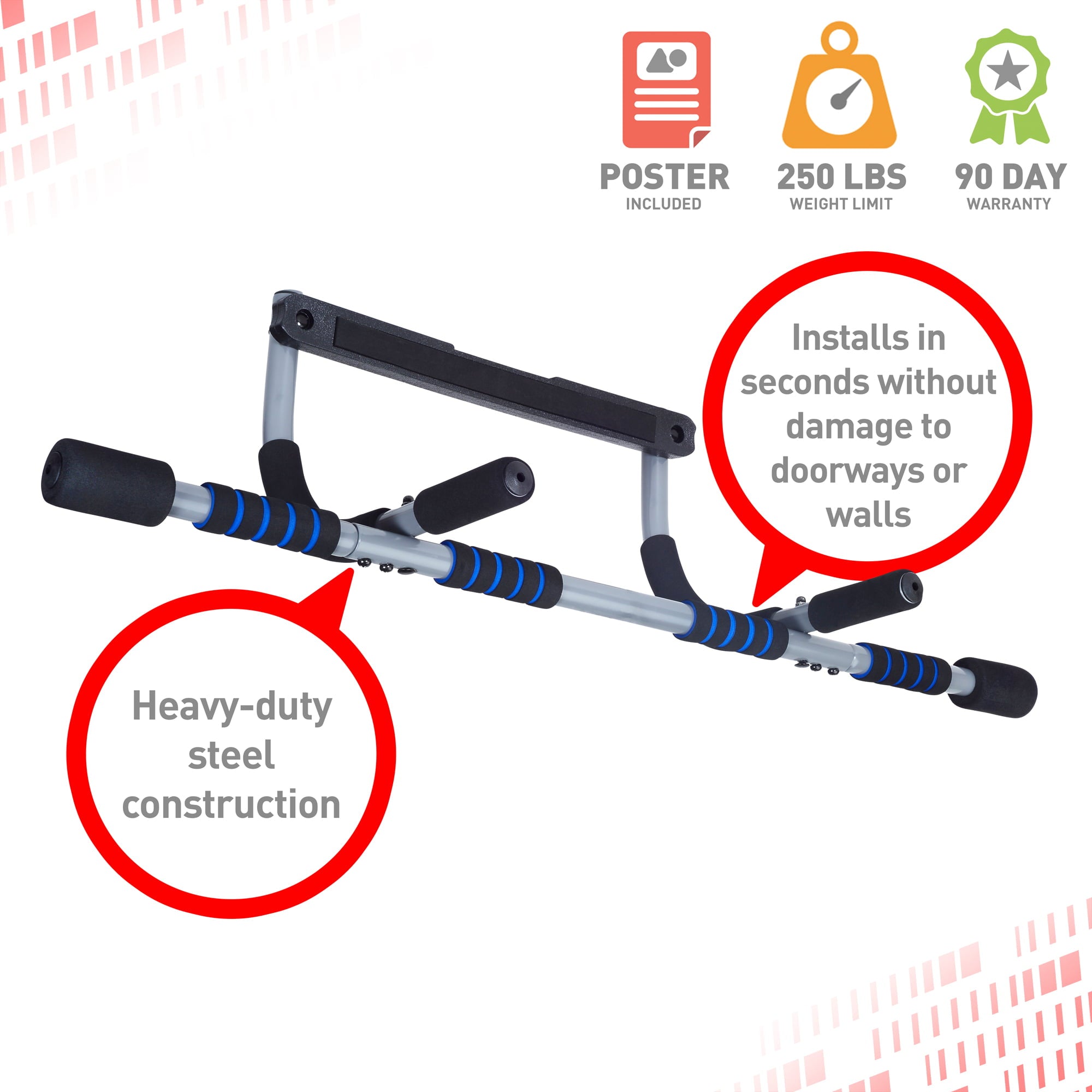 Pure Fitness Multi-Purpose Doorway Pull-Up Bar, 250lb Weight Limit