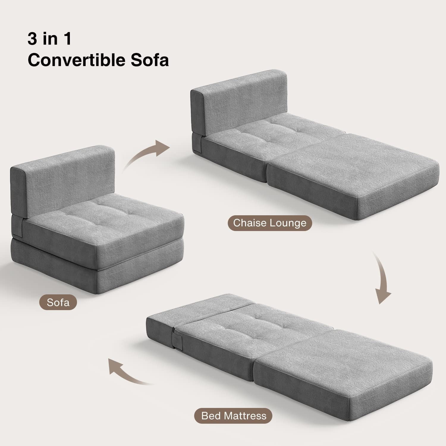 Lofka Chair Bed, Sleeper Sofa Bed with Removable Cover Light Gray