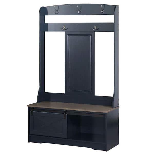 Hawksbury Walnut Wood Grain, Antique Black Hall Trees with Cabinets