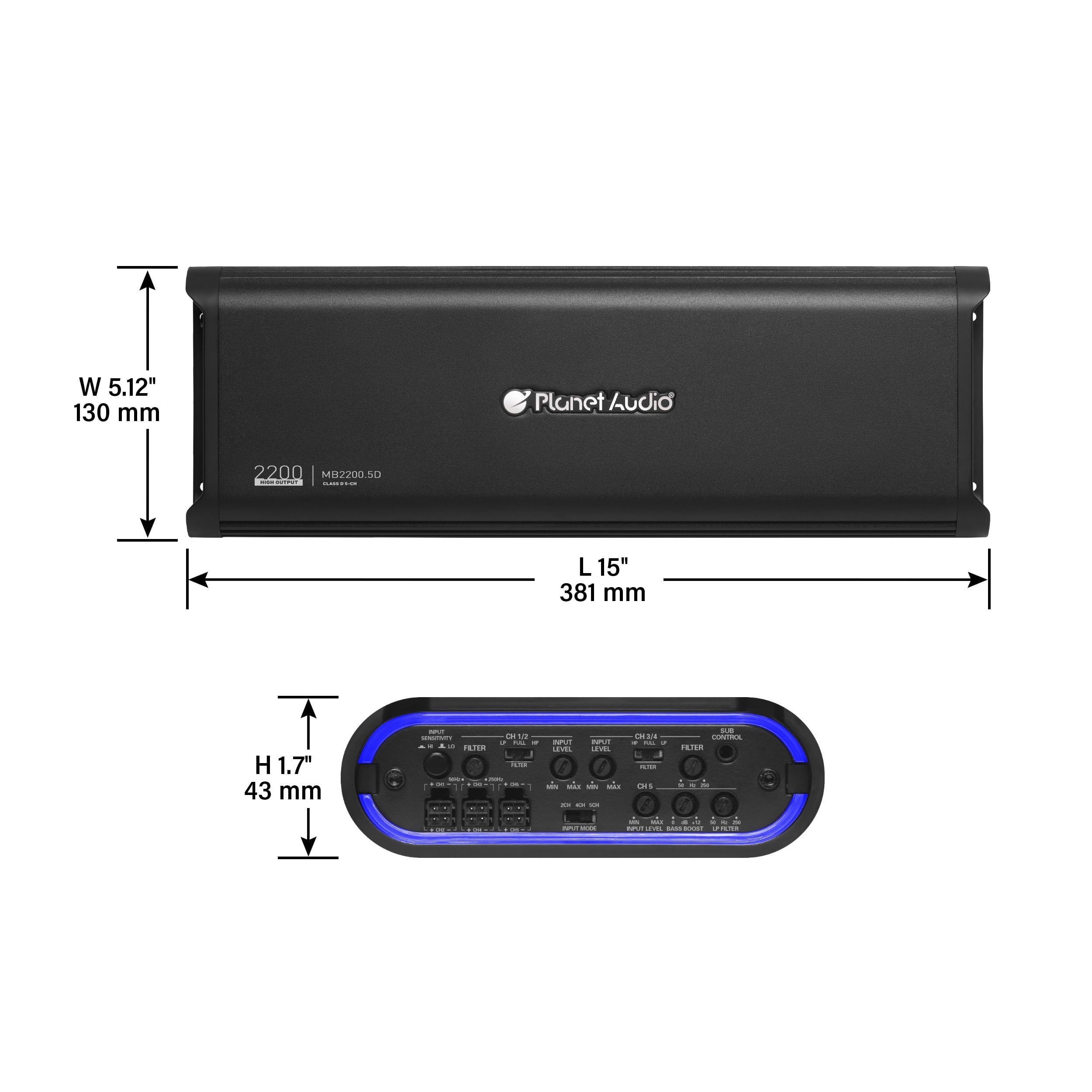 Planet Audio MB2200.5D Mini Bang Series Car Audio Amplifier - 2200 High Output, 5 Channel, Class D, 2 Ohm, Low/High Level Inputs, Low/High Pass Crossover, Full Range, Hook Up To Stereo and Subwoofer
