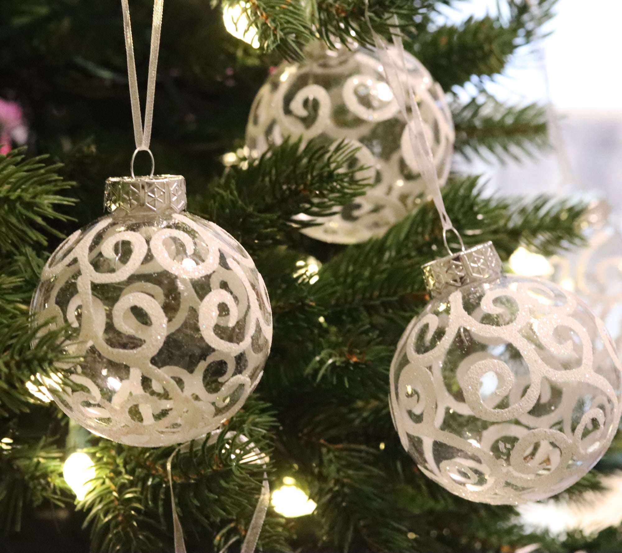 Sleetly 12pk White Christmas Ornaments for Tree Decorations -  Shatterproof Plastic 3.15 inch Holiday Xmas Balls, Clear Swirl