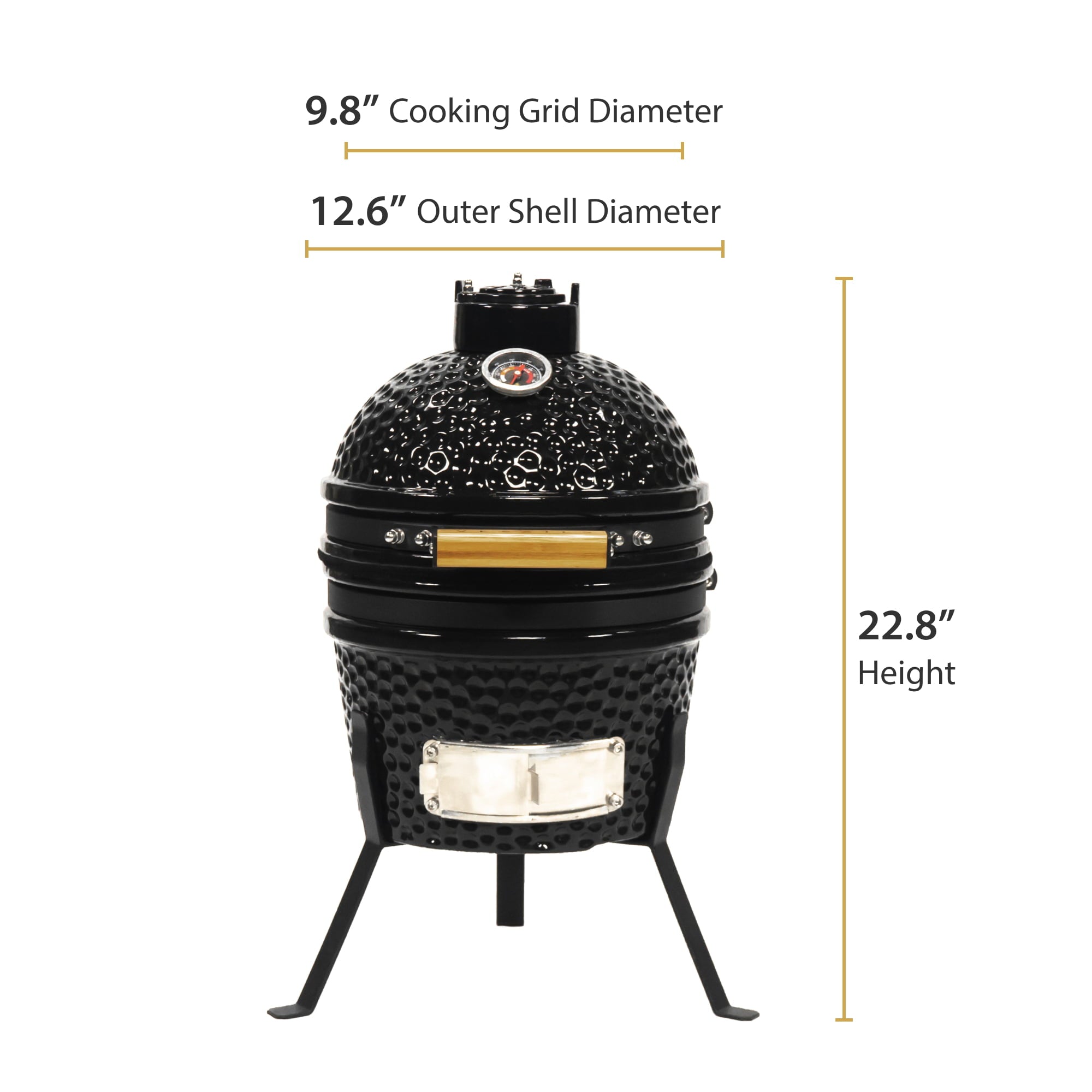 VESSILS 9.8-inch W Kamado Charcoal BBQ Grill – Heavy Duty Ceramic Barbecue Smoker and Roaster with Built-in Thermometer and Stainless Steel Grate (13 Inch Stand, Black)