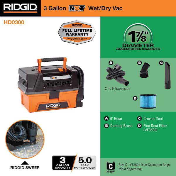 3 Gallon 5.0 Peak HP NXT Wet/Dry Shop Vacuum with Filter, Expandable Locking Hose and Accessories