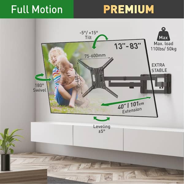 Barkan 13 in. - 80 in. Full Motion - 4 Movement Extra-Long Dual Arm Flat/Curved TV Wall Mount Black Extremely Extendable