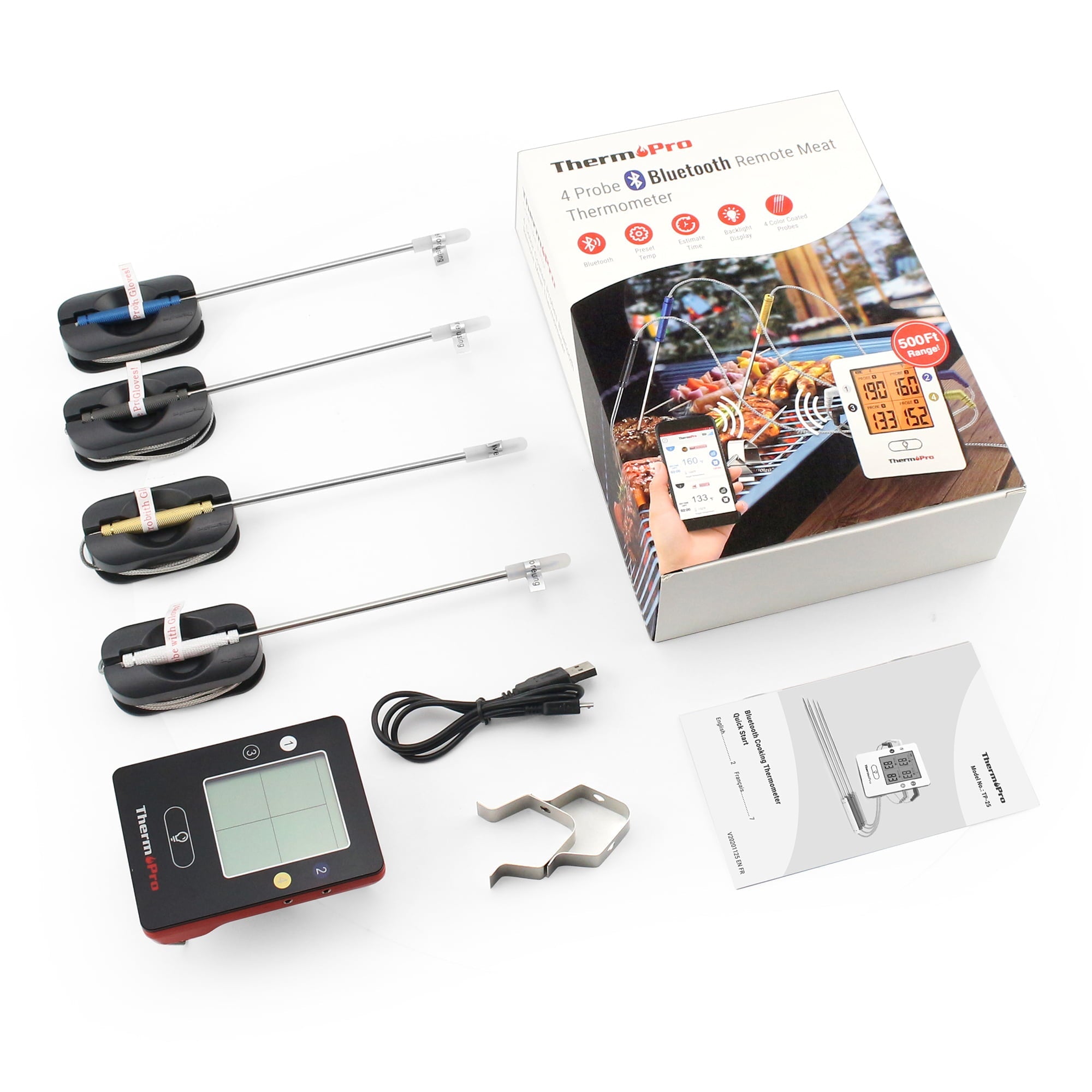 ThermoPro TP25W Bluetooth Meat Thermometer with 650FT Wireless Range 4-Probe Smartphone Compatible (iOS/Android)