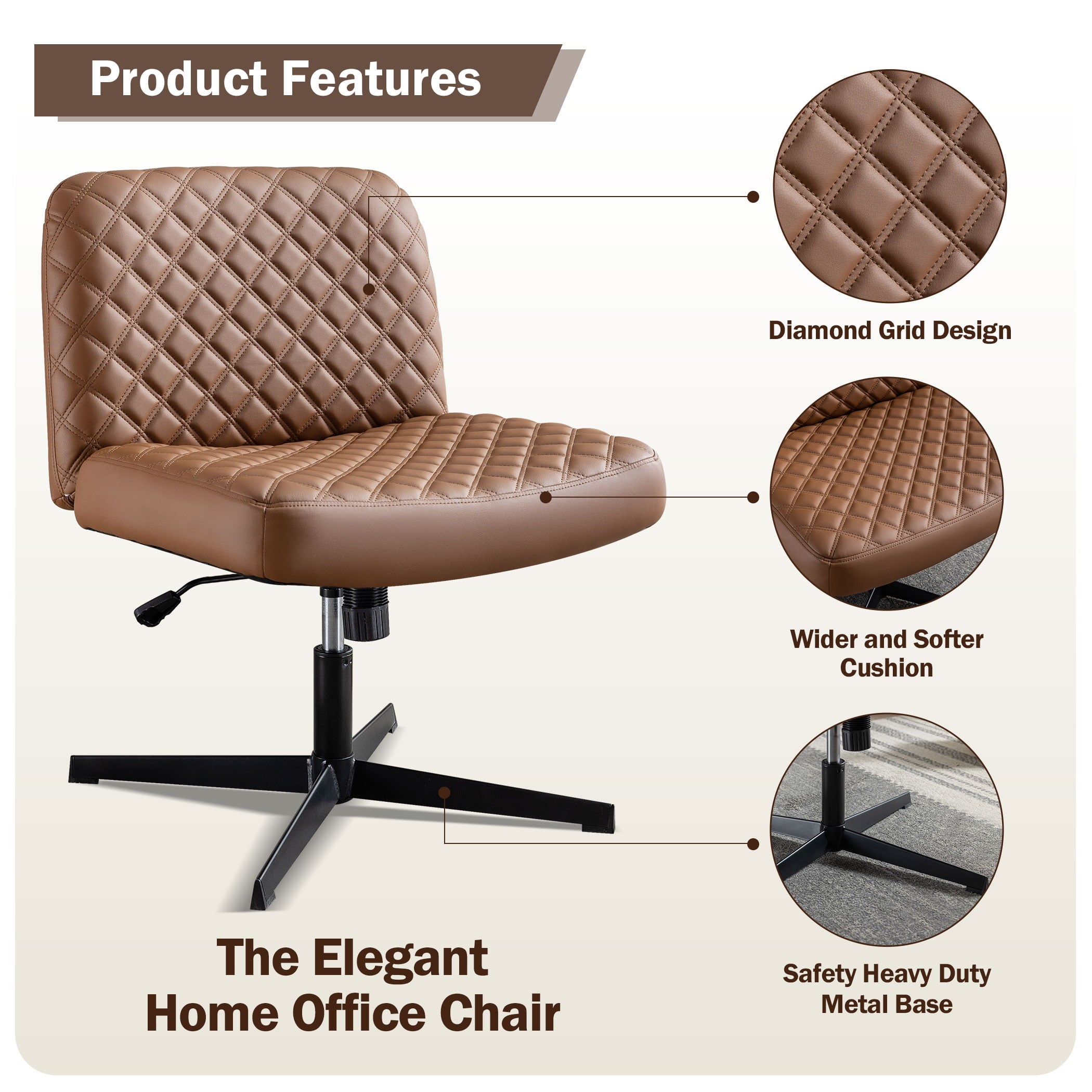 JONPONY Armless PU Leather Office Desk Chair,Cross Legged Home Office Chair No Wheels Heavy Duty Metal Base,120° Rocking Ergonomic PC Chair,Brown