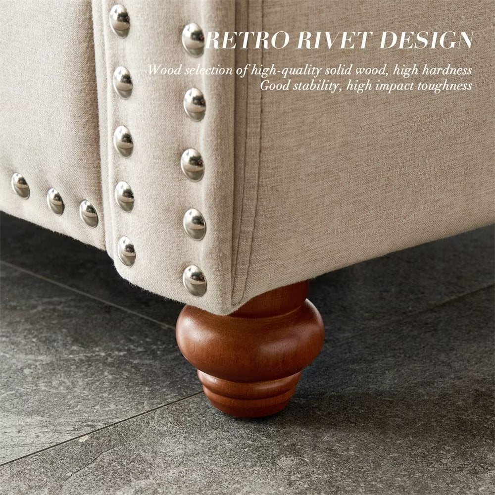 59.5inch Sofa, Modern Upholstered Loveseat with Silver Nailheads, Living Room Couch with Rolled Armrests and Thick Cushion, Beige