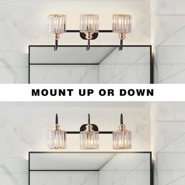 IndustrialVL 23.13 in. 3-Light Brass Black Vanity Light with Crystal Glass Shades