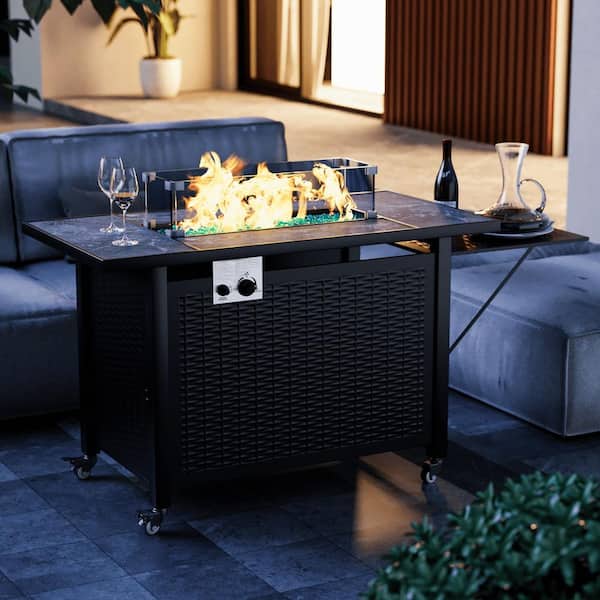 43 in. 50000 BTU Propane Outdoor Fire Pit Table With Ceramic Tile Top, Small Plate and Wheels