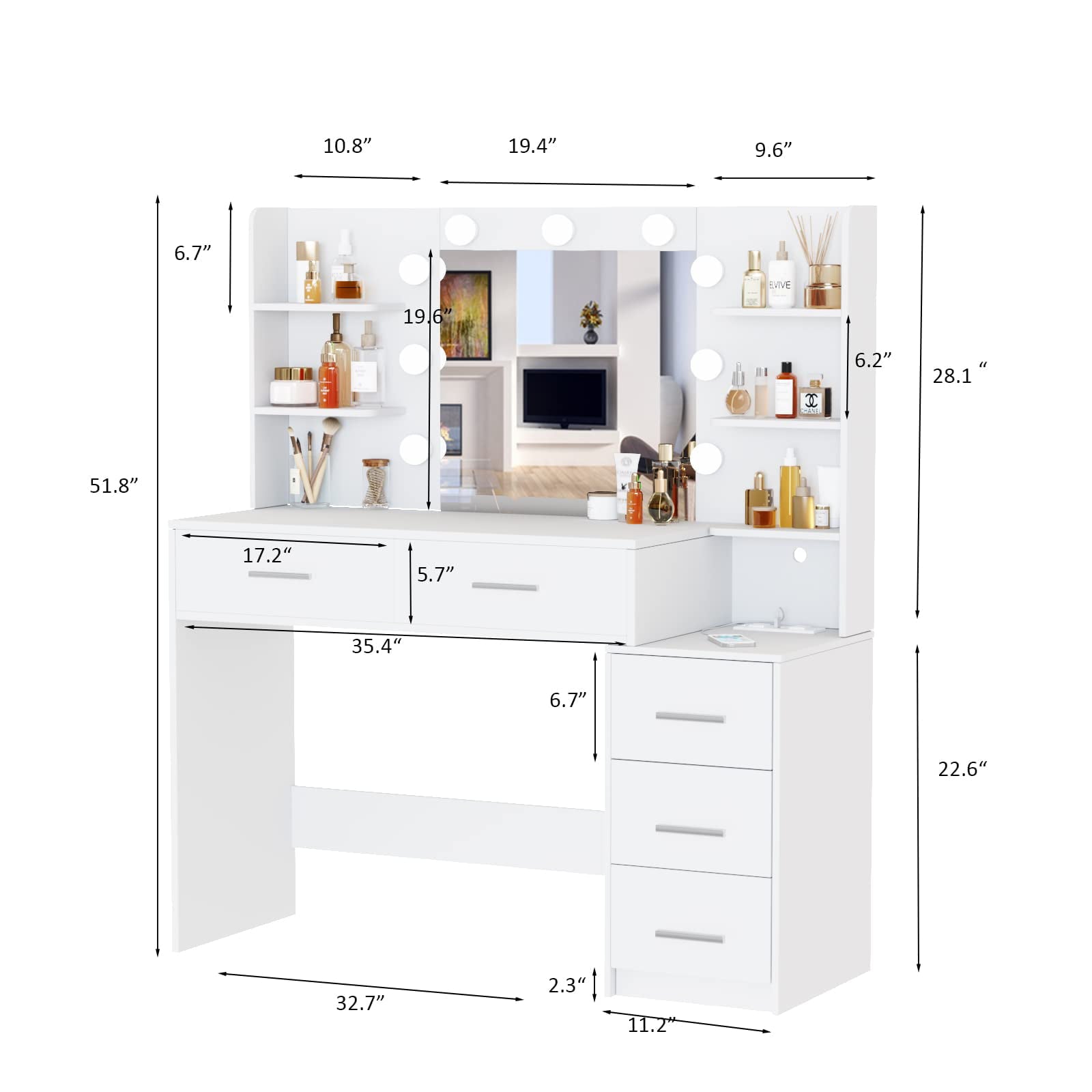 Makeup Vanity with Mirror and Lights,3 Lighting Colors,Bedroom Vanity Table with Charging Station,White Make Up Desk with 5 Drawers Storage and Open Shelves