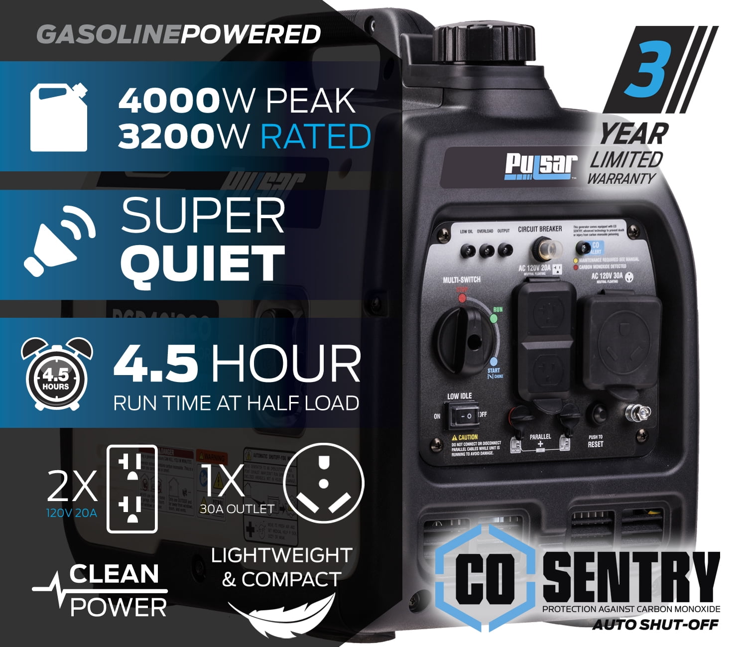 Pulsar 4000-Watt Super Quiet Gas Powered Inverter Generator with CO Sentry