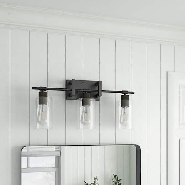 21.6 in. 3-Light Black Bathroom Dimmable Vanity Light with Clear Glass Shades
