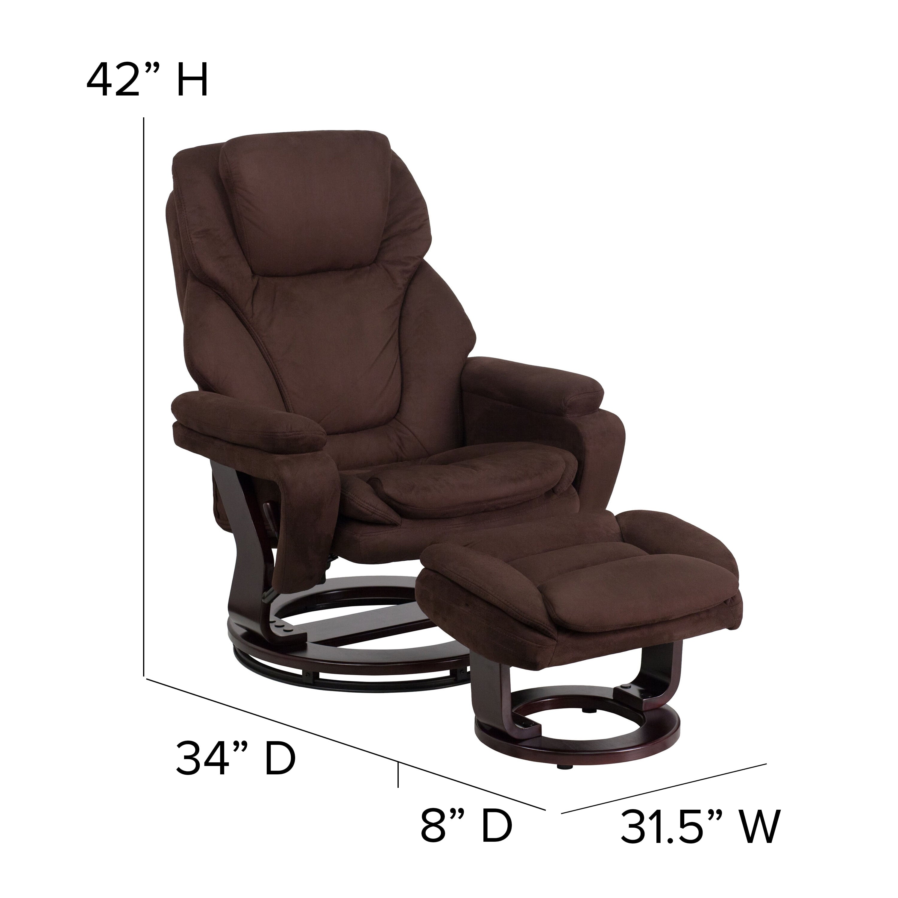 Emma + Oliver Multi-Position Recliner & Ottoman with Swivel Wood Base in Brown Microfiber