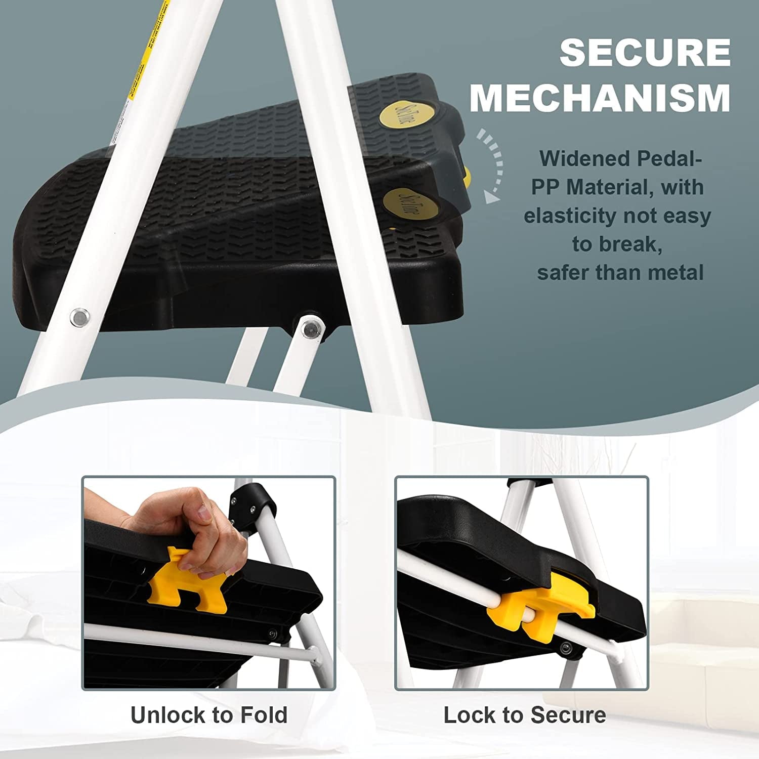 HBTower Folding 5-Step Ladder, 330lbs, with Handrails and Tool Tray and Anti-Slip Pedal, White