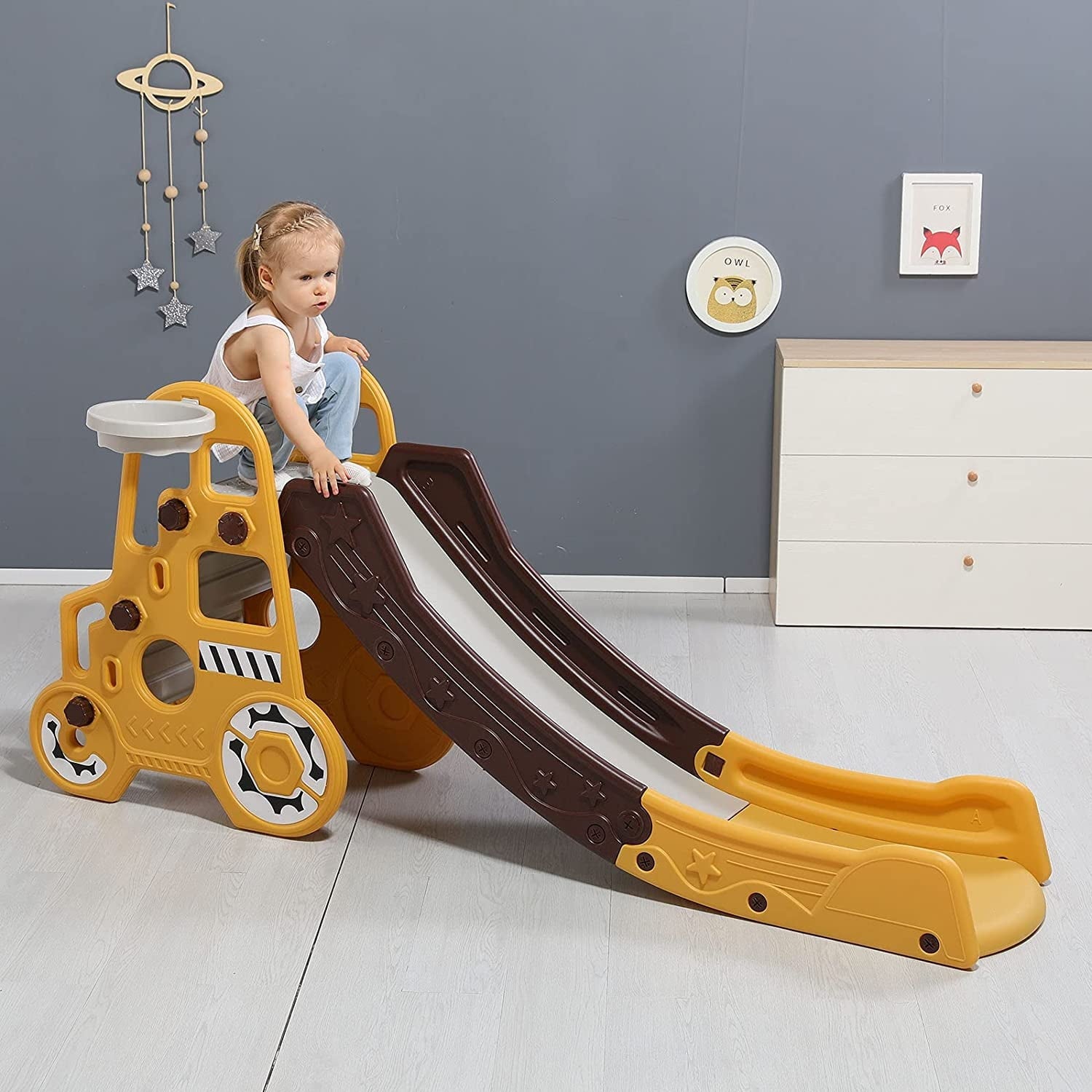 DUKE BABY Kids Slide - Indoor Outdoor Toddler Climbing Toy with Basketball Hoop for Kids Ages 3-5 - Yellow