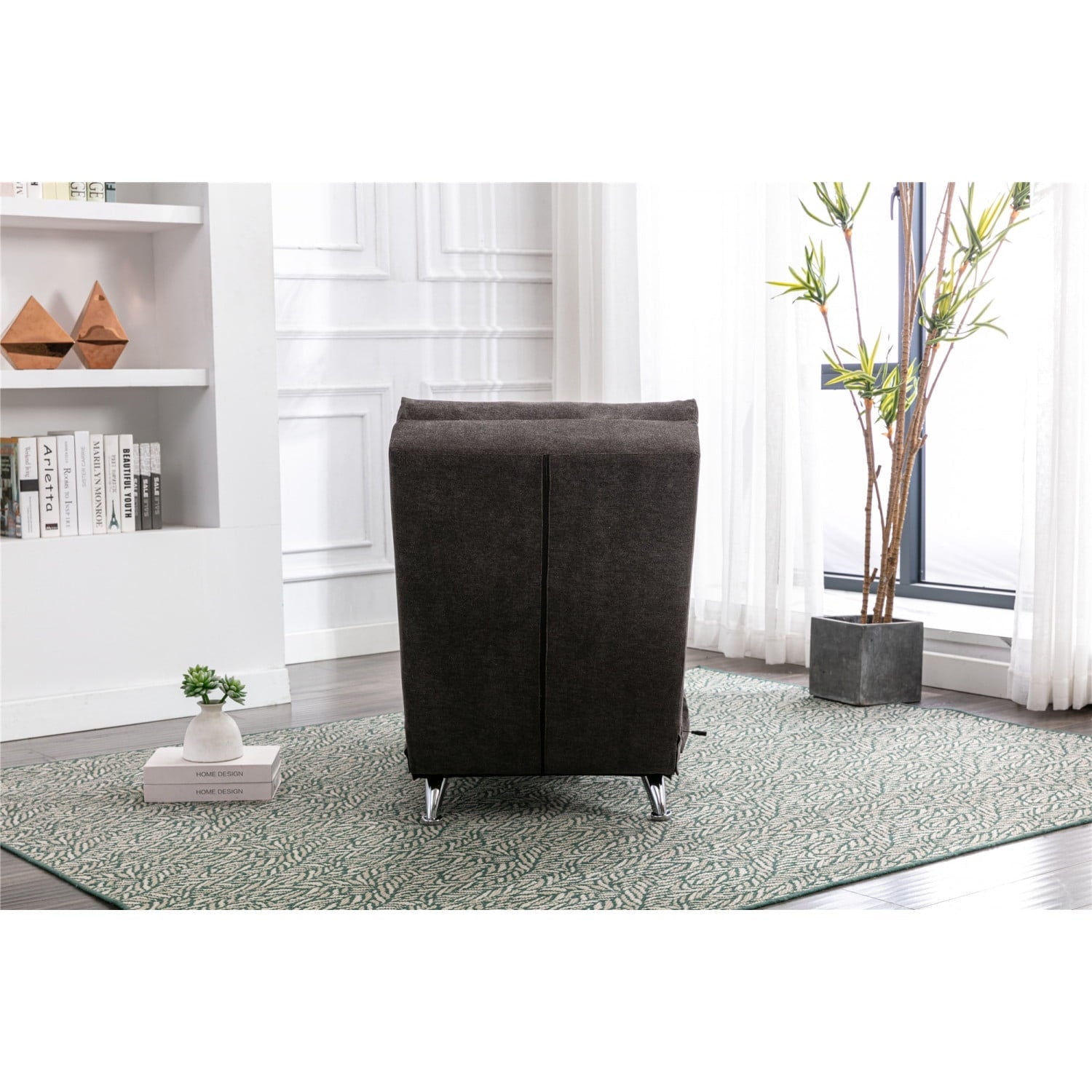 Dark Gray Modern Long Lounger - Linen Chaise Lounge for Living Room or Office, Polyester Upholstery with Foam Filling, Solid Plywood Frame & Chrome-plated Metal Legs, Relaxing and Comfortable Design