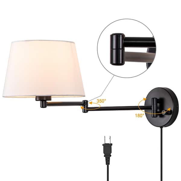 1-Light Black Plug-In Swing Arm Wall Lamp with Linen Shade Set of 2