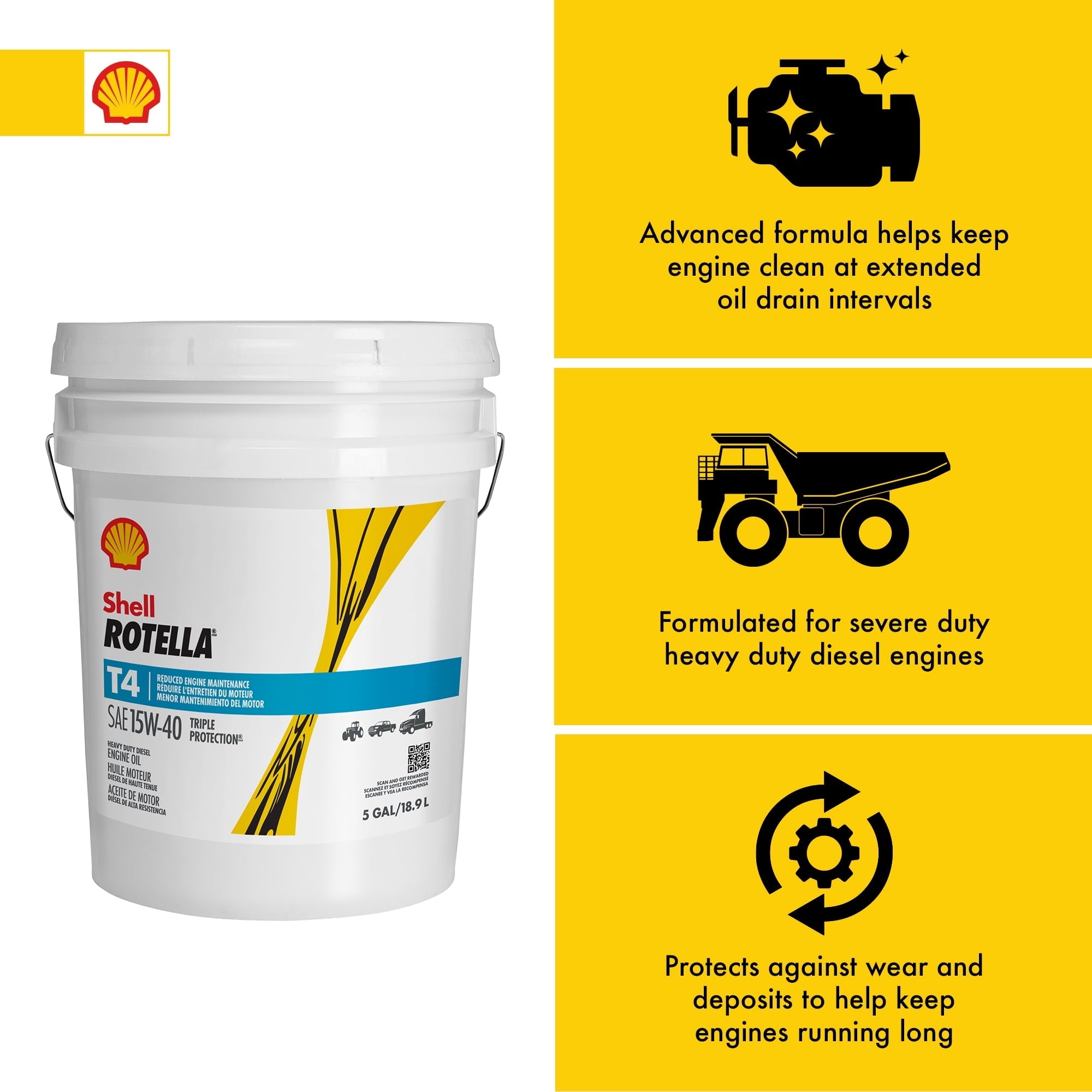 Shell Rotella T4 Triple Protection 15W-40 Diesel Motor Oil, 5 Gallon Pail