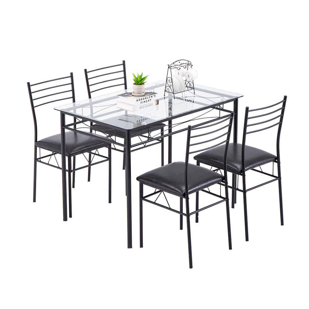 Zimtown 5 Pieces Dining Set Table with 4 Chairs Glass Diner Table with Metal Frame Kitchen Dining Room Furniture Black