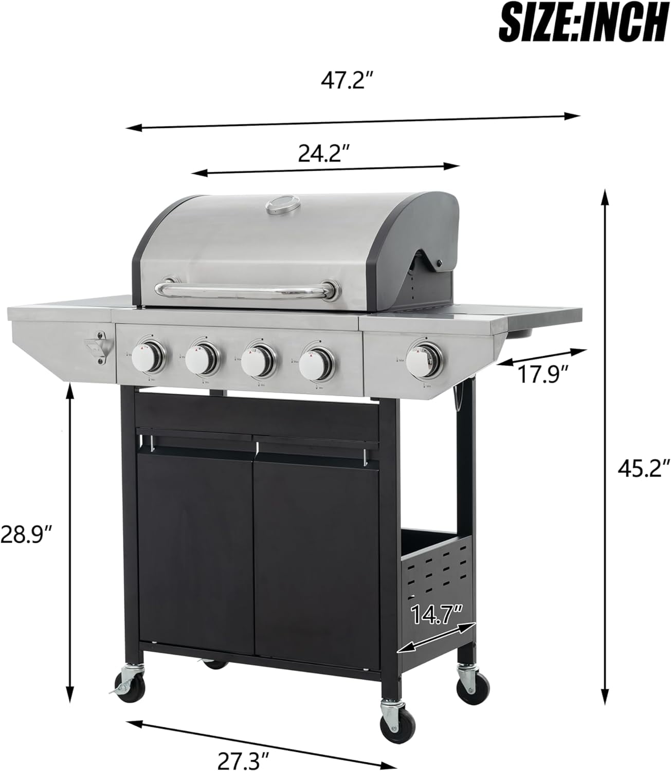 AUGSILVER 4-Burner Propane Gas Grill with Side Burner, Porcelain-Enameled Cast Iron Grates, 42000BTU, Stainless Steel Outdoor Cooking BBQ Grills with Cabinet and Lockable Wheels