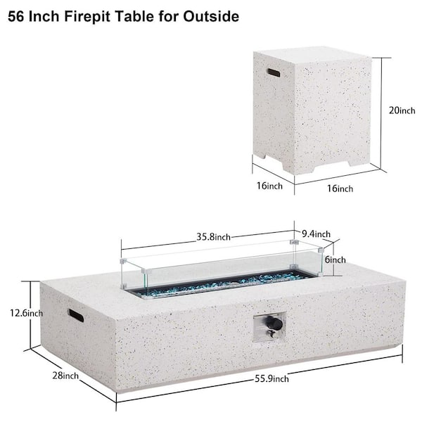 56 in. 50000 BTU Large White Rectangle Composite GRFC Fire Pit Table with Glass Wind Guard and Water-Resistent Cover